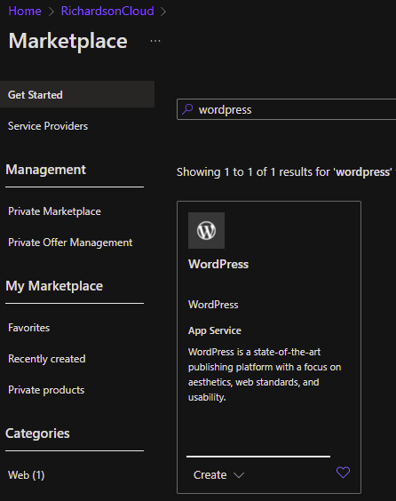 Screenshot of WordPress offer in the Azure Marketplace