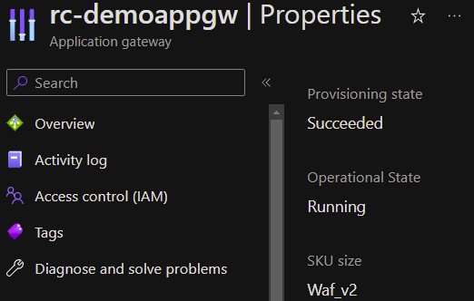 Screenshot of an Azure Application Gateway / WAF in a started / running state.