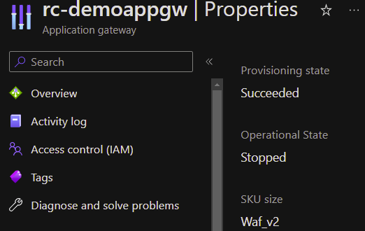 Screenshot of an Azure Application Gateway / WAF in a stopped / deallocated state.