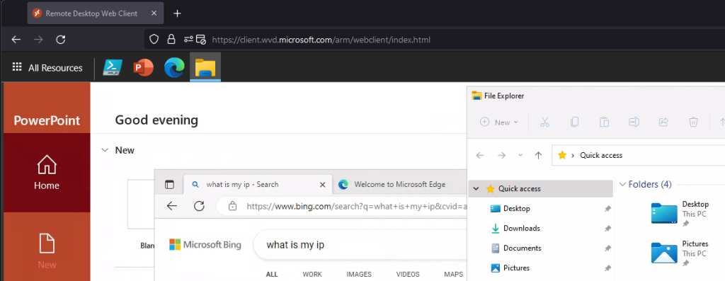 Azure Virtual Desktop web client with several applications opened