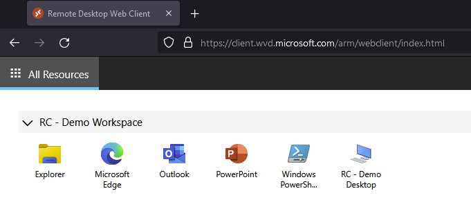 Azure Virtual Desktop web client with apps and a desktop available for access