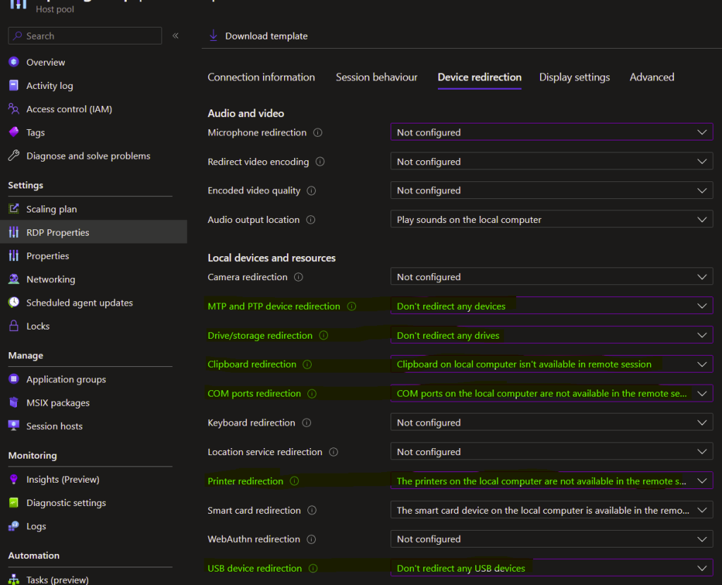 AVD Host Pool RDP Properties related to device redirection that enable Azure Virtual Desktop to keep your Data Secure.